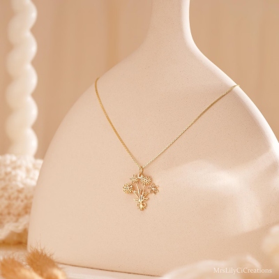 Collier bouquet de fleurs personnalisé (1 à 5 naissances), collier floral minimaliste pour la famille, bijou femme, cadeau d'anniversaire/fête des mères pour maman/grand-mère/elle
