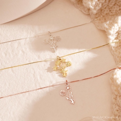 Collier bouquet de fleurs personnalisé (1 à 5 naissances), collier floral minimaliste pour la famille, bijou femme, cadeau d'anniversaire/fête des mères pour maman/grand-mère/elle