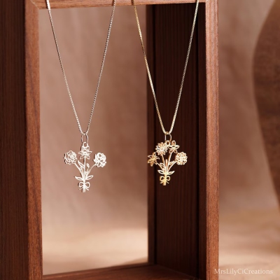 Collier bouquet de fleurs personnalisé (1 à 5 naissances), collier floral minimaliste pour la famille, bijou femme, cadeau d'anniversaire/fête des mères pour maman/grand-mère/elle