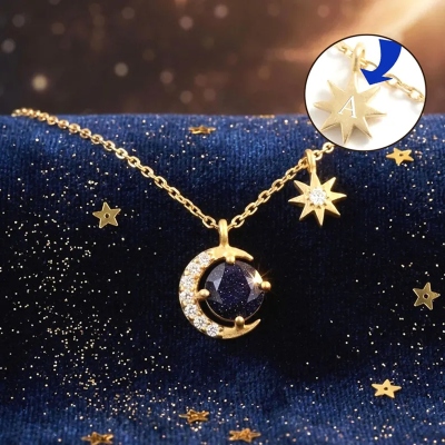 Personalized Initial Moon & Star Blue Sandstone Necklace, Dainty Celestial Pendant Jewelry, Birthday/Mother's Day/Anniversary Gift for Her/Mom/Couple