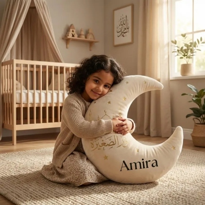 Personalized Islamic Crescent Moon Pillow with Name, Soft Arabic Calligraphy Cushion, Nursery Decor, Birthday/Eid Gift for Islamic Family/Muslim Kids