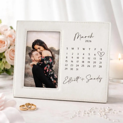 Personalized Wedding Calendar Photo Frame with Names & Date, Romantic Bridal Shower Party Decor, Anniversary/Wedding Gift for Couple/Newlyweds