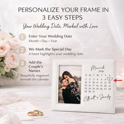 Personalized Wedding Calendar Photo Frame with Names & Date, Romantic Bridal Shower Party Decor, Anniversary/Wedding Gift for Couple/Newlyweds