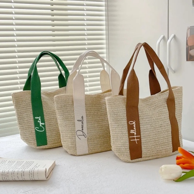 Custom Name Straw Beach Tote Bag, Summer Vacation/Pool Party Handbag, Bachelorette Beach Party Favor, Bridal Shower/Wedding Gift for Her/Bridesmaid