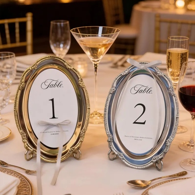 Personalized Frame Table Number Sign, Vintage Oval Tin Desk Wedding Stand with Ribbon, Rustic Party Signage, Wedding/Engagement Gift for Newlyweds