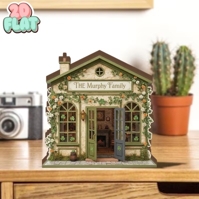 Personalized Irish Cottage 2D FLAT Family Sign, Wooden Green Shamrock Block, Lucky Home Shelf Decor, St Patrick's Day Gift for Irish Family/Friends