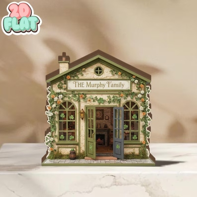 Personalized Irish Cottage 2D FLAT Family Sign, Wooden Green Shamrock Block, Lucky Home Shelf Decor, St Patrick's Day Gift for Irish Family/Friends