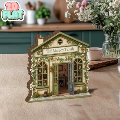 Personalized Irish Cottage 2D FLAT Family Sign, Wooden Green Shamrock Block, Lucky Home Shelf Decor, St Patrick's Day Gift for Irish Family/Friends