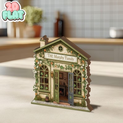 Personalized Irish Cottage 2D FLAT Family Sign, Wooden Green Shamrock Block, Lucky Home Shelf Decor, St Patrick's Day Gift for Irish Family/Friends