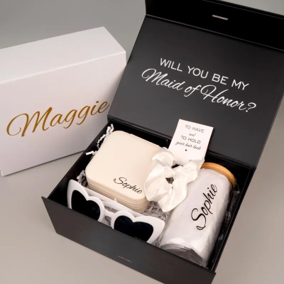 Custom Name Maid of Honor Invitation Tumbler/Sunglasses/Scrunchie Gift Box Set, Bachelorette Party Favors, Wedding Gifts for Bridesmaids/Friends/Her