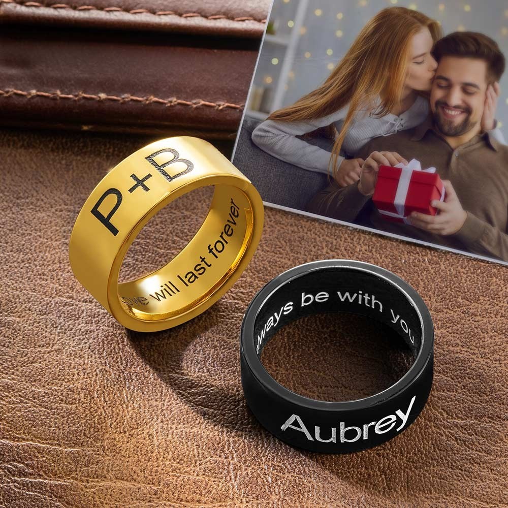 Men's Engraved Ring Stainless Steel Promise Rings, Black/Silver/Gold Plated Matte Finish Personalized Ring, Custom Men's Gifts for Boyfriend