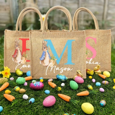 Personalized Initial & Name Bunny Easter Jute Bag, Candy & Easter Egg Storage, Beach/Shopping Tote Bag, Easter Gift Bag, Gift for Kid/Daughter/Family