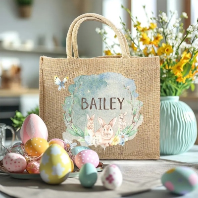 Sac personnalisé en jute aquarelle lapin de Pâques, sac fourre-tout avec nom personnalisé avec poignée, sac panier de Pâques, sac de chasse aux œufs de Pâques, cadeau de Pâques pour enfant/adulte