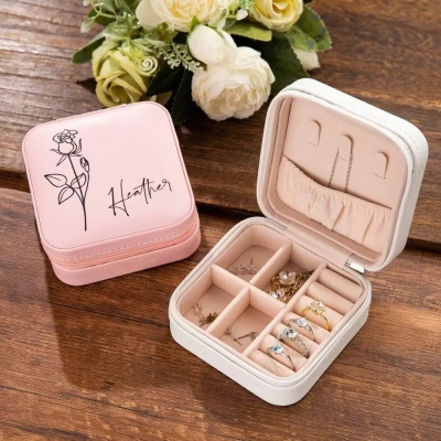 Nome personalizzato nascita fiore gioielli Travel Case, Vegan gioielli in pelle Organizzatore Box, compleanno / festa della mamma / regalo di nozze per la madre / moglie / damigelle d'onore