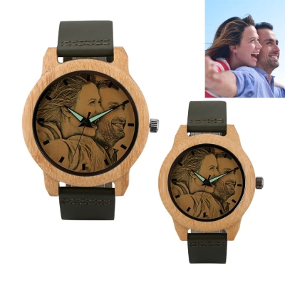 Men/Women Engraved Bamboo Wood Photo Watch