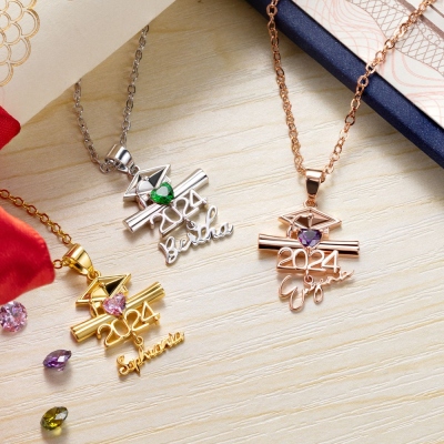 Personalized Name Birthstone Bachelor Cap Necklace, Class of 2024 Graduation Cap & Diploma Heart Pendant Necklace, Graduation Gift for Students
