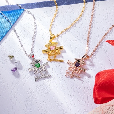 Personalized Name Birthstone Bachelor Cap Necklace, Class of 2024 Graduation Cap & Diploma Heart Pendant Necklace, Graduation Gift for Students