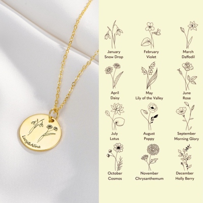 Collier avec pendentif gravé en forme de fleur de naissance personnalisée, bijoux floraux en argent sterling 925, cadeau d'anniversaire/fête des mères pour maman/soeurs/meilleures amies