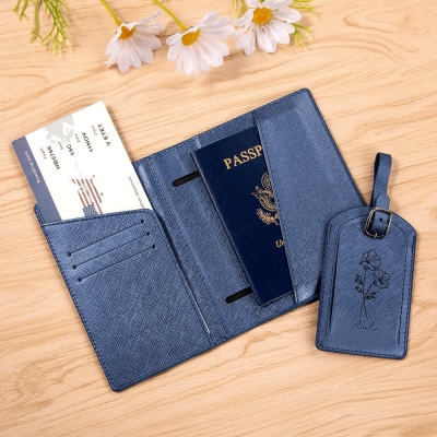 Custom Name Birthflower Bouquet Passport Holder, Leather Luggage Tag Cover, Card Holder with Coin, Travel Gift, BFF Gift, Birthday Gift for Women/Girl