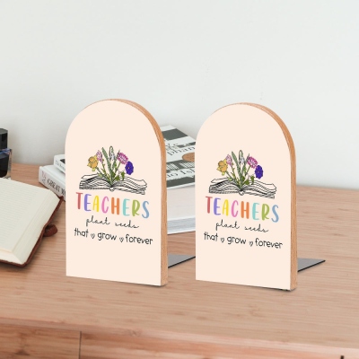 Personalized Birth Flower Bookend, Teacher Plant Seeds That Grow Forever Book Storage, Decorative Wood Bookends for Shelves, Teacher's Day Gift