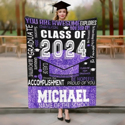 Personalized Multicolor Class of 2024 Bachelor Cap Soft Graduation Flannel Blanket with Text, Graduation Inspirational Gift for Graduates