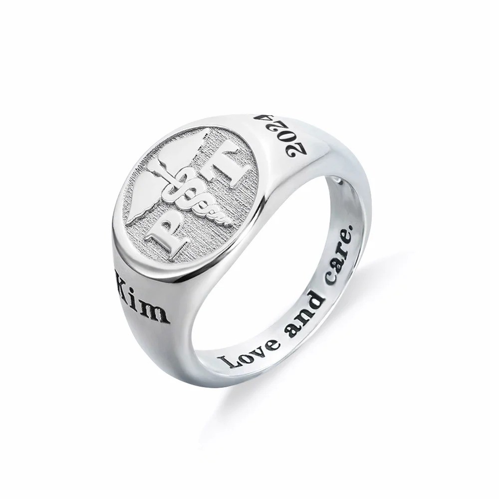 Custom Medical Symbol RN LPN Caduceus Signet Ring with Engraved Text, Sterling Silver 925 Jewelry, Graduation Gift for Nurse Doctor Medical Staff