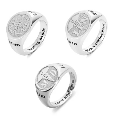 Custom Medical Symbol RN LPN Caduceus Signet Ring with Engraved Text, Sterling Silver 925 Jewelry, Graduation Gift for Nurse Doctor Medical Staff
