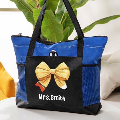 Personalized Name Coquette Bow Teacher Bag, Pencil Bow Knot Tote Bag, Teacher's Oxford Cloth Bag, Teacher's Day/Appreciation Gift for Teachers