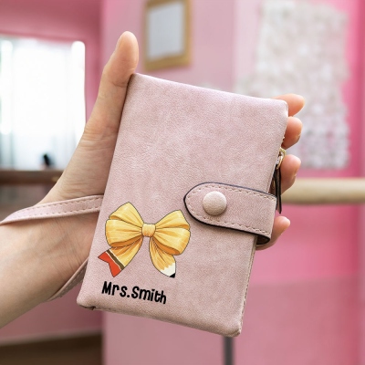 Custom Coquette Bow Wallet with Teacher's Name, Wallet with Coin Holder, Tri-Fold Wallet, Back to School/Teacher's Day/Christmas Gift for Teachers