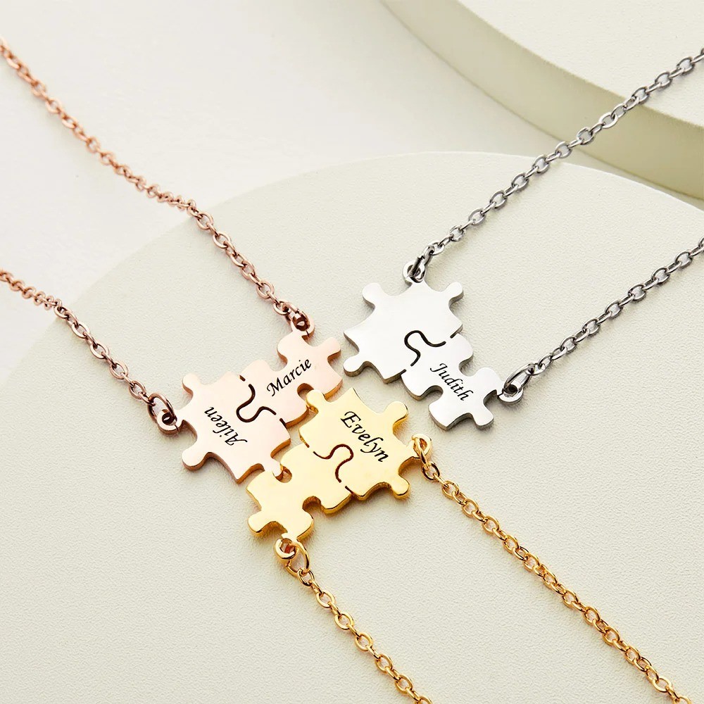 Custom Autism Awareness Puzzle Necklace with Engraved Name, Jewelry for Women, Autism Mother's Day/Birthday Gifts for Mom