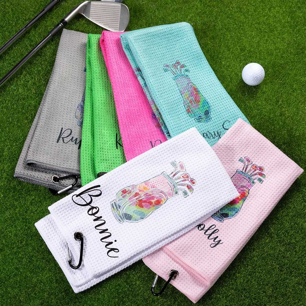 Personalized Waffle Weave Golf Cart Towel, Custom Name Towel with Hanging Clip, Ladies Golf Towel, Gift for Female Golfer/Golfing Lover
