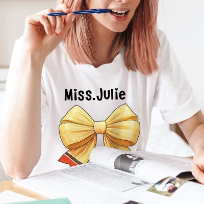Personalized Name Coquette Bow Teacher Shirt, Pencil Bow Knot 100% Cotton T-Shirt, Back to School/Teacher's Day/Appreciation Gift for Teachers