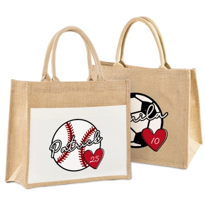 Custom Name & Number Ball Game Jute Bag, Woman's Large Capacity Sports Tote Bag with Handle, Birthday/Christmas Gift for Player/Teammate/Sport Lover