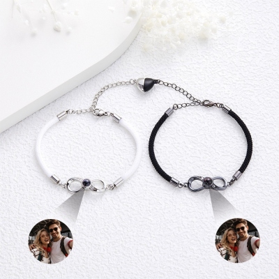Custom 2 Pieces Photo Projection Bracelets, Infinite Love Charm Bangles, Black & White Couple Bracelets, Valentine's Day/Anniversary Gifts for Her/Him