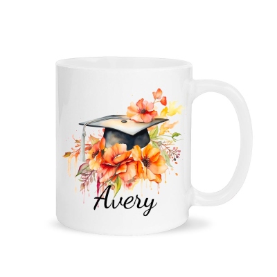 Personalized Name Bouquet of Flowers Graduation Cap Mug, 11oz Ceramic Coffee Tea Cup for Graduate, Graduation Gift for Graduates/Classmates/Friends