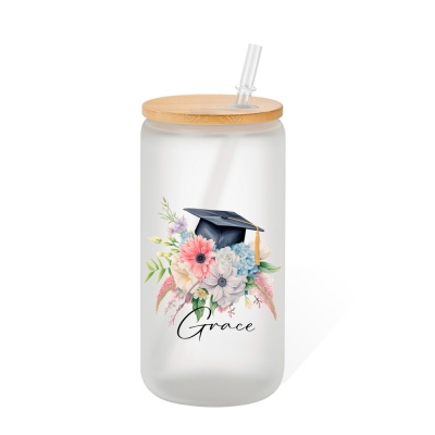 Personalized Bouquet of Flowers Graduation Cap Glass Cup, Frosted Glass Tumbler with Bamboo Lid and Straw, Graduation Gift for Graduates/Classmates