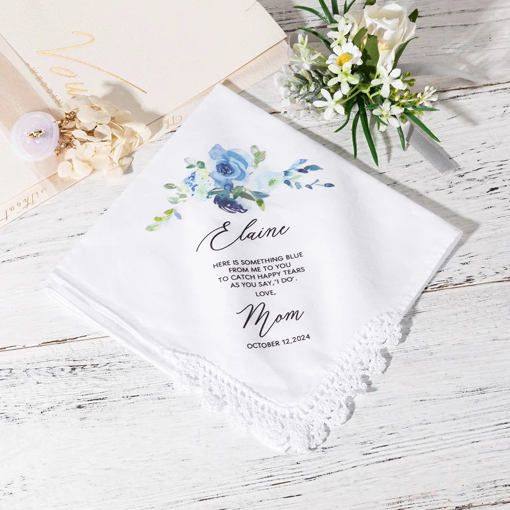 Personalized 100% Cotton Floral Wedding Lace Handkerchief with Name and Date, Something Blue Gift for Bride on Wedding Day, Gift for Daughter/Her