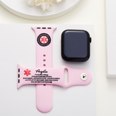 Cinturino in silicone personalizzato per Apple Watch con nome e testo incisi per avviso medico di emergenza, gioiello medico, regalo per uomo/donna/amante dello sport