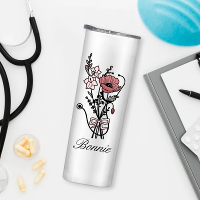 Personalized Name Bow Birth Flower Stethoscope Tumbler, 20oz Stainless Steel Thermos Cup, Graduation/Appreciation Gift for Doctor/Nurse/Medical Staff