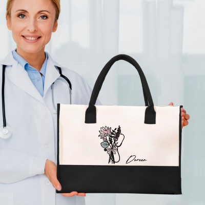 Custom Name Stethoscope Bow Birth Flower Tote Bag, Large Capacity Canvas Nursing Bag, Graduation/Appreciation Gift for Nurse/Doctor/Medical Staff