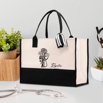 Personalized Bow Birthday Flower Canvas Tote Bag with Stethoscope