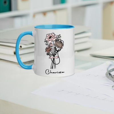 Personalized Name Stethoscope Bow Birth Flower Mug, 11oz Ceramic Coffee Tea Cup for Nurse, Graduation/Appreciation Gift for Doctor/Nurse/Medical Staff