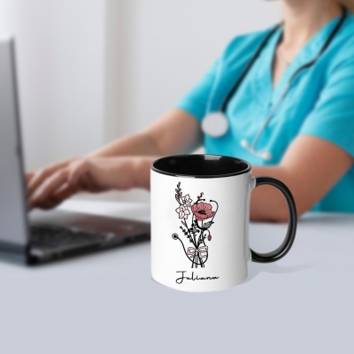 Personalized bow birthflower mug with stethoscope
