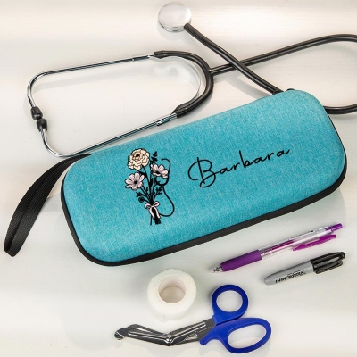 Custom Name Bow Birth Flower Stethoscope Box, Lightweight Stethoscope Case with Mesh Bag, Graduation/Appreciation Gift for Nurse/Doctor/Medical Staff