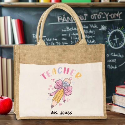Personalized Name Pink Coquette Bow Pencil Burlap Teacher Tote Bag, Large Capacity Teacher's Jute Bag, Teacher's Day/Appreciation Gift for Teachers