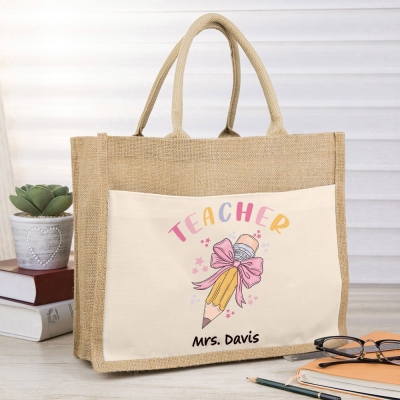 Custom pink bow pencil teacher jute bag