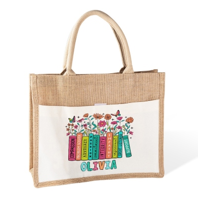 Personalized Wildflowers Teacher Tote Bag, Pencil/Book Design Teacher's Jute/Canvas Handbag, Teacher's Day/Christmas/Back to School Gift for Teachers