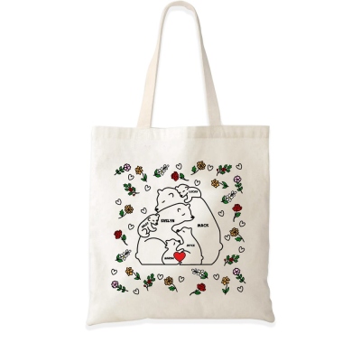 Personalized Name Birth Flower Bears Tote Bag, Mom's Large Capacity Canvas Tote Bag with Handle, Mother's Day/Birthday/Christmas Gift Mom/Grandma/Her