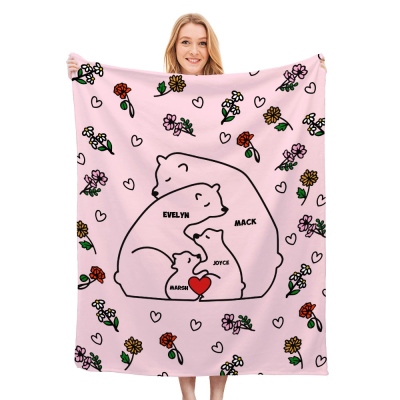 Custom Name Family Bears Blanket with Birth Flowers, Mom's Soft Flannel Fleece Blanket, Home Decor, Mother's Day/Birthday/Christmas Gift Mom/Grandma