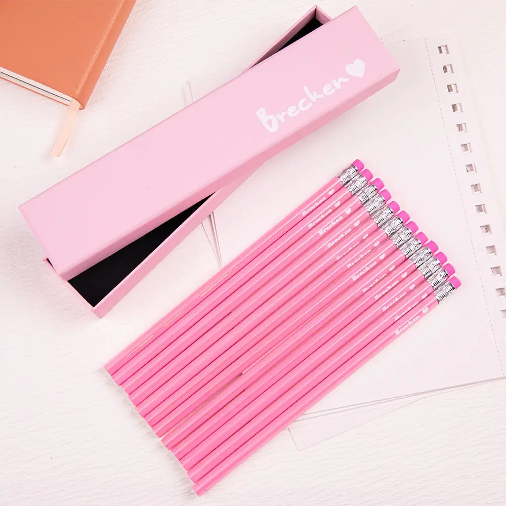 Personalized Pink Fashion Box of 12 HB Pencils with Name and Eraser Pink Stationery Set, Back to School Gift for Girls Kids Fashion Doll Fans